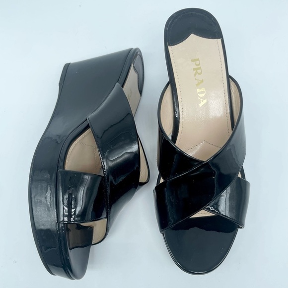Prada Black Patent Leather Wedges - Picture 2 of 9